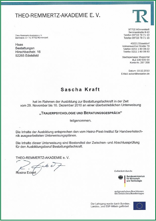 Zeugnis Trauerpsychologie